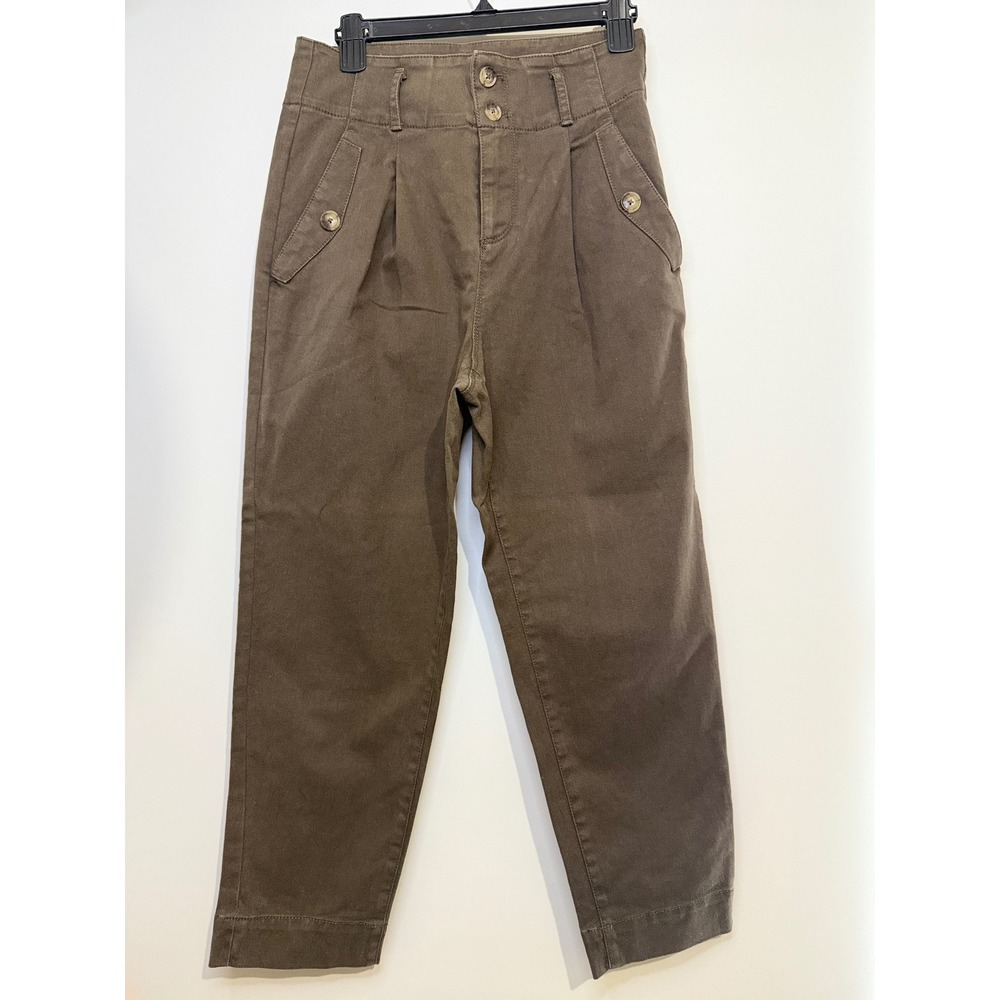 Zara High Waist Olive‎ Green Crop Pants Trousers Pleated Button Detail S Chic